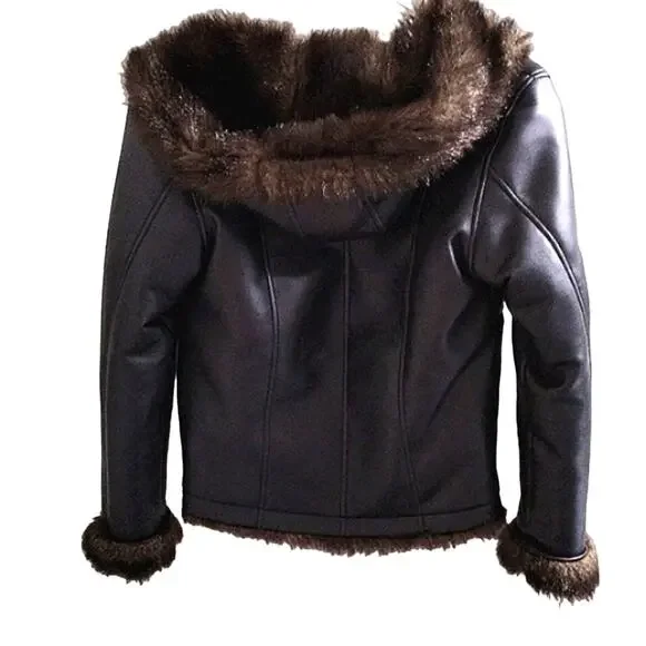 REVERSIBLE Jacket Faux Fur GIRLS Size 7 BROWN Bomber Coat Hooded Faux Leather